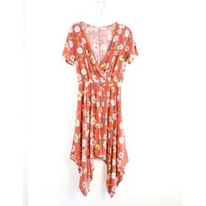 One Story orange dress floral boho asymmetric high low novelty print medium midi